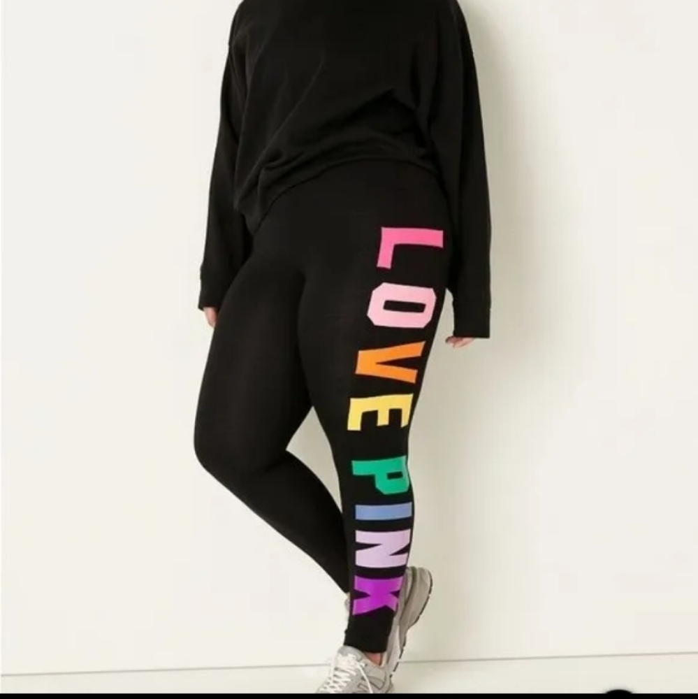 Victoria secret PINK-Black Multi-colored "LOVE PINK" Logo Leggings-S